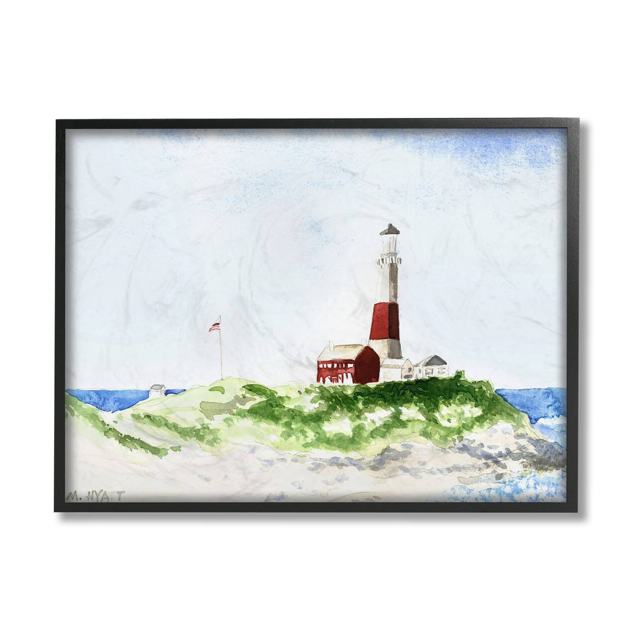 Stupell Industries Red Striped Lighthouse on Coastal Cliff in Black Frame Wall Art
